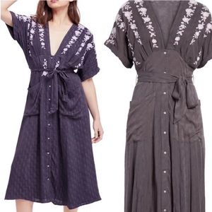 Free People Embroidered Tie Waist Midi Dress